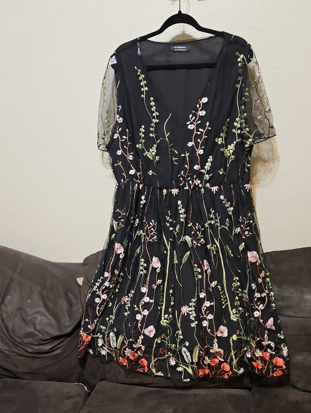 BloomChic Black Midi Dress with Pink & Green Floral Embroidery